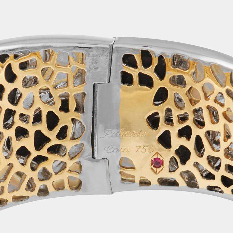 Pre Owned Roberto Coin 18K Yellow and White Gold Mother of Pearl and Onyx Giraffe Bangle Bracelet