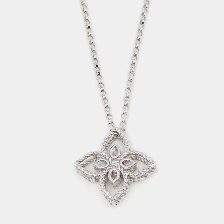 Pre Owned Roberto Coin Princess Flower Diamond 18K White Gold Pendant Necklace