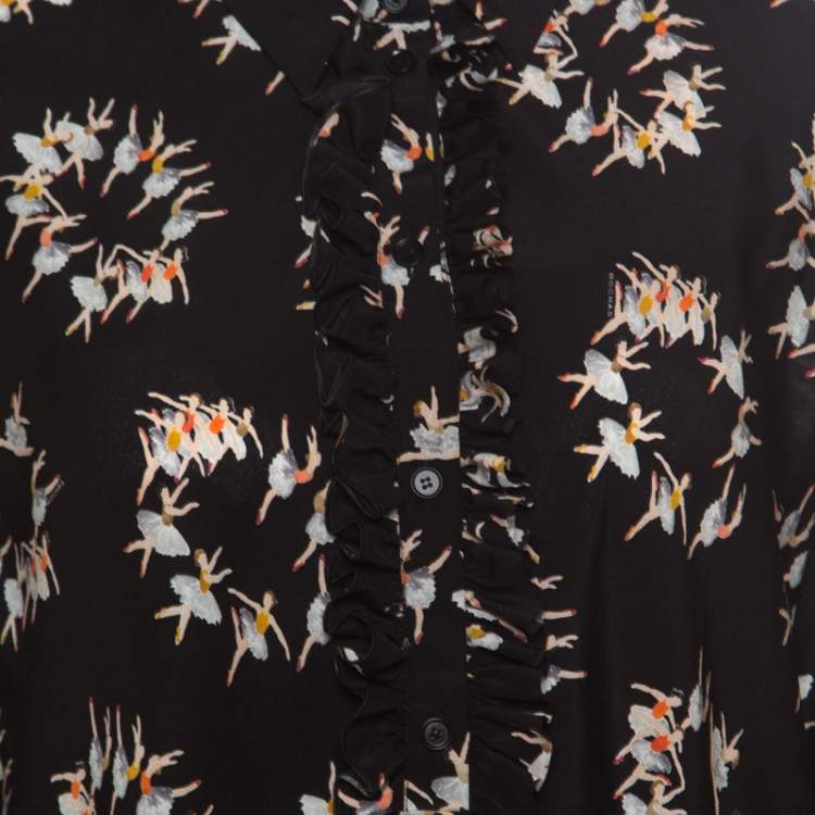 مملوكة مسبقًا Rochas Black Ballerina Printed Silk Long Sleeve Shirt Dress L