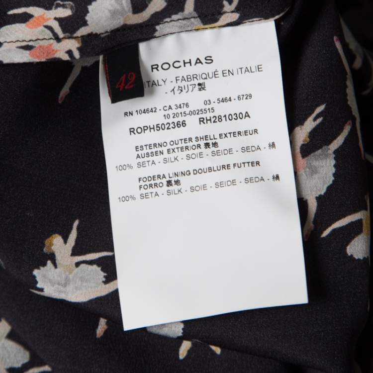 مملوكة مسبقًا Rochas Black Ballerina Printed Silk Long Sleeve Shirt Dress L
