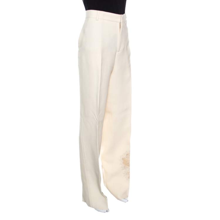 Pre Owned Rochas Cream  Floral Embroidered Mesh Detail Tailored Trousers XL