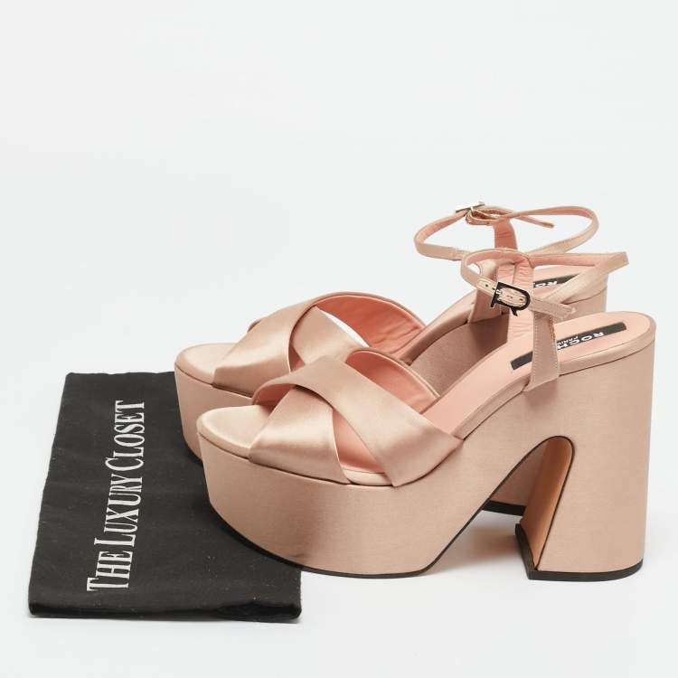 Pre Owned Rochas Rose Gold Satin Platform Crisscross Ankle Strap Sandals Size 40