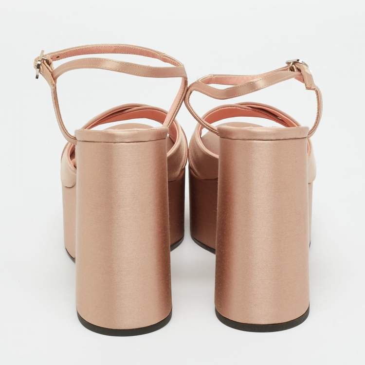 Pre Owned Rochas Rose Gold Satin Platform Crisscross Ankle Strap Sandals Size 40