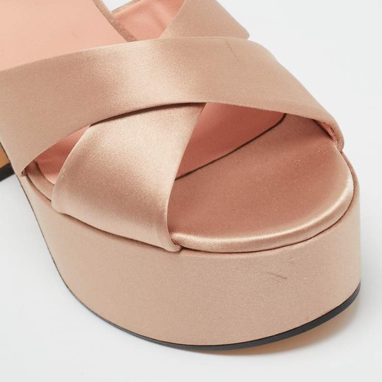 Pre Owned Rochas Rose Gold Satin Platform Crisscross Ankle Strap Sandals Size 40