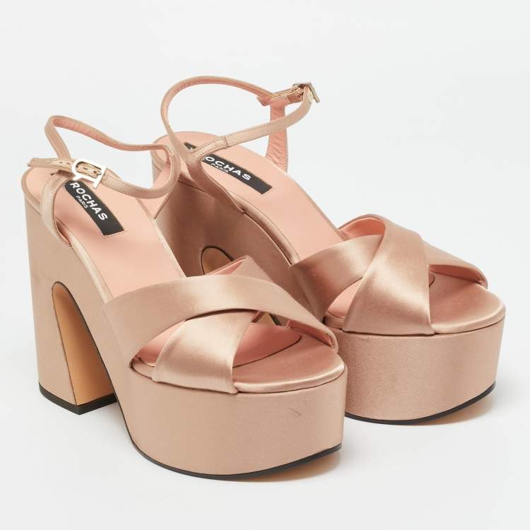 Pre Owned Rochas Rose Gold Satin Platform Crisscross Ankle Strap Sandals Size 40