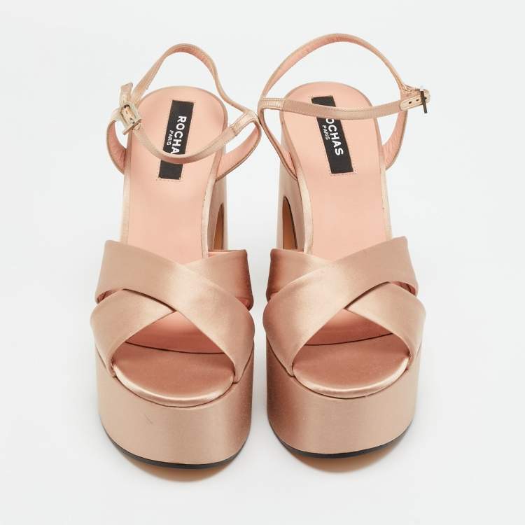 Pre Owned Rochas Rose Gold Satin Platform Crisscross Ankle Strap Sandals Size 40