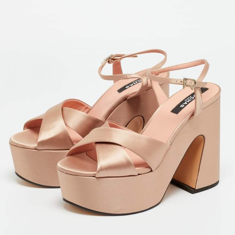 Pre Owned Rochas Rose Gold Satin Platform Crisscross Ankle Strap Sandals Size 40
