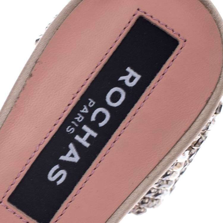 مملوكة مسبقًا Rochas Beige Satin Cross Strap Crystal Embellished Block Heel Sandals Size 38