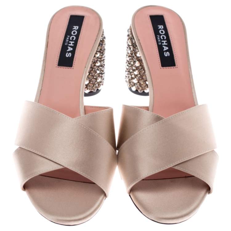 مملوكة مسبقًا Rochas Beige Satin Cross Strap Crystal Embellished Block Heel Sandals Size 38