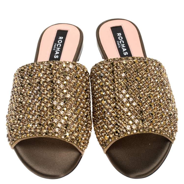 Pre Owned Rochas Beige Suede Crystal Embellished Flat Mule Slides Size 36.5