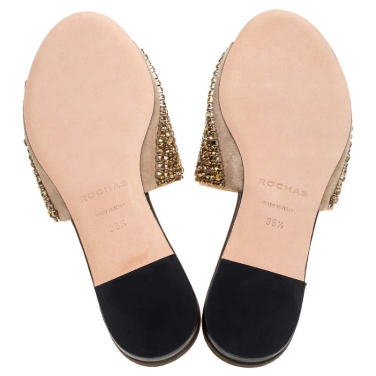 Pre Owned Rochas Beige Suede Crystal Embellished Flat Mule Slides Size 36.5