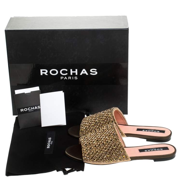 Pre Owned Rochas Beige Suede Crystal Embellished Flat Mule Slides Size 36.5