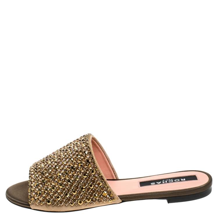 Pre Owned Rochas Beige Suede Crystal Embellished Flat Mule Slides Size 36.5