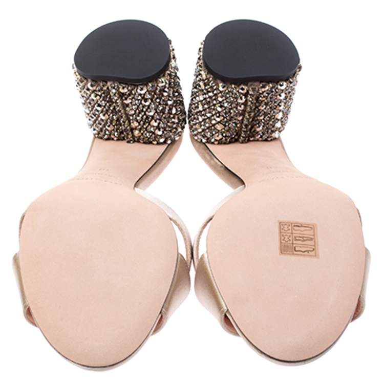 Pre Owned Rochas Gold Criss Cross Satin Heel Embellished Sandals Size 40