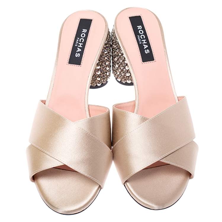 Pre Owned Rochas Gold Criss Cross Satin Heel Embellished Sandals Size 40