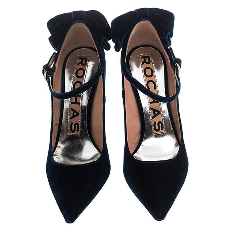Pre Owned Rochas Navy Blue Velvet Bow Ankle Strap Pointed Toe Pumps Size 36