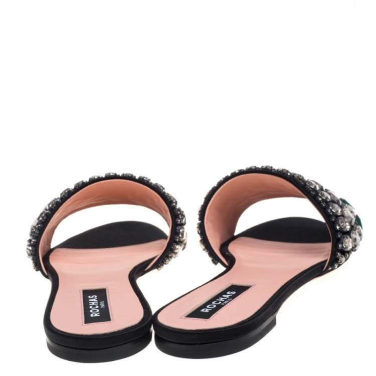 Pre Owned Rochas Black Satin Jewel Embellished Flat Slide Sandals Size 39