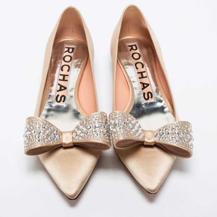 Pre Owned Rochas Gold Satin Crystal Bow Ballet Flats Size 38