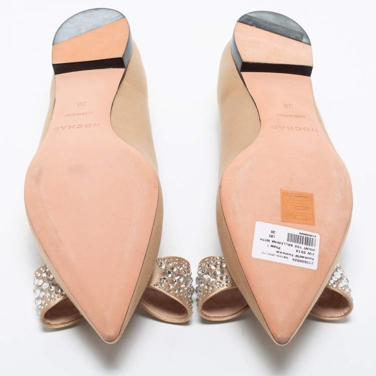 Pre Owned Rochas Gold Satin Crystal Bow Ballet Flats Size 38