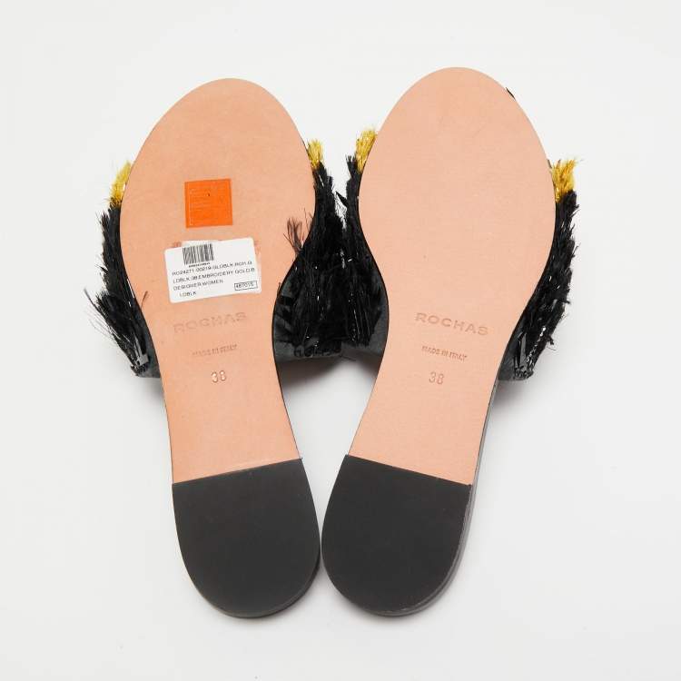 Pre Owned Rochas Black Fringe Embellished Suede Flat Slides Size 38