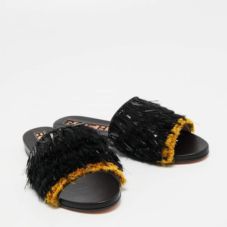 Pre Owned Rochas Black Fringe Embellished Suede Flat Slides Size 38