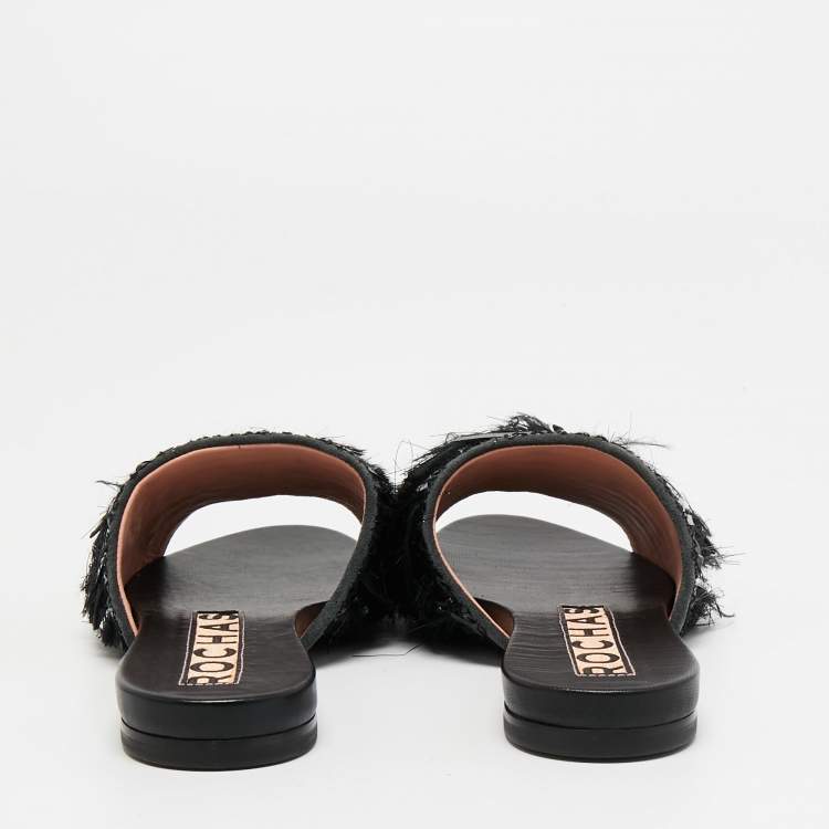 Pre Owned Rochas Black Fringe Embellished Suede Flat Slides Size 38