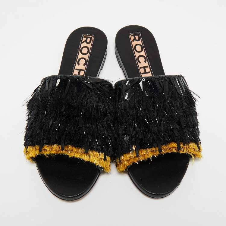 Pre Owned Rochas Black Fringe Embellished Suede Flat Slides Size 38