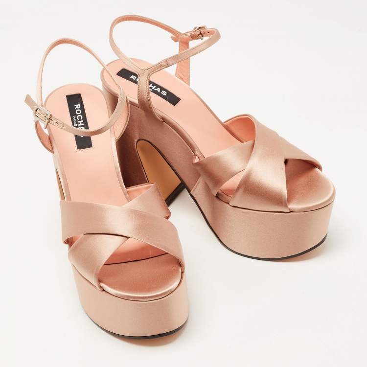 Pre Owned Rochas Beige Satin Platform Ankle Strap Sandals Size 40