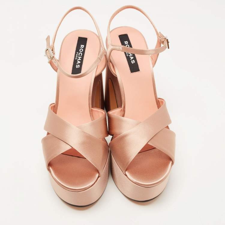 Pre Owned Rochas Beige Satin Platform Ankle Strap Sandals Size 40