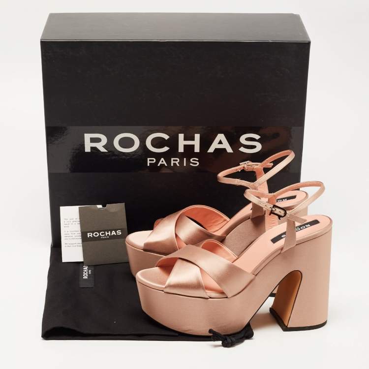 Pre Owned Rochas Beige Satin Platform Ankle Strap Sandals Size 40