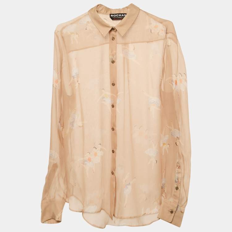 مملوكة مسبقًا Rochas Beige Ballerina Print Silk Sheer Shirt L