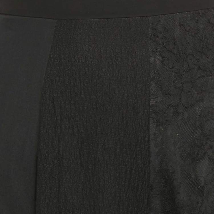 Pre Owned Rochas Black Crinkled Crepe & Lace Paneled Mini Skirt M