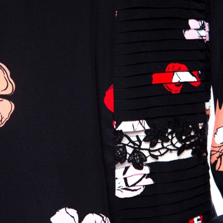 Pre Owned Rochas Black Floral Printed Silk Lace Trim Pintuck Detail Midi Dress M
