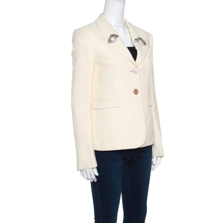 Pre Owned Rochas Cream Embellished Eye Motif Detail Two Button Blazer M