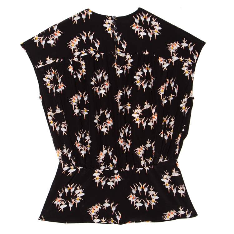 Pre Owned Rochas Black Ballerina Printed Silk Blouson Top M
