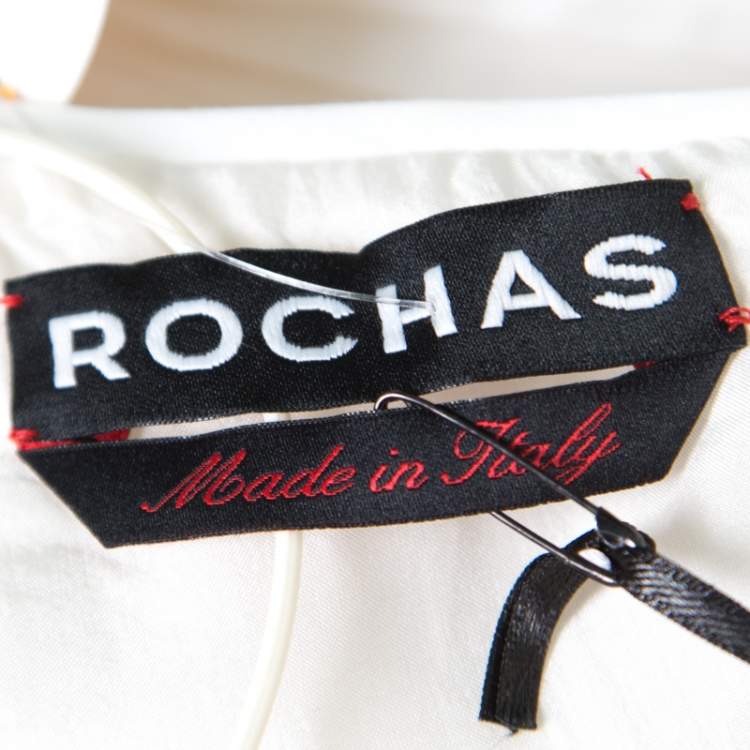 Pre Owned Rochas White Ruched Cotton Square Neck Paneled A Line Dress L 