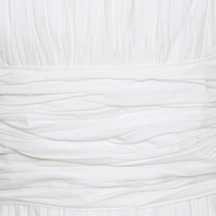 Pre Owned Rochas White Ruched Cotton Square Neck Paneled A Line Dress L 