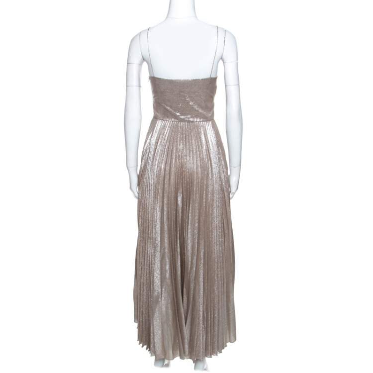 Pre Owned Rochas Silver Woven Silk Blend Sleeveless Pleated Dress M