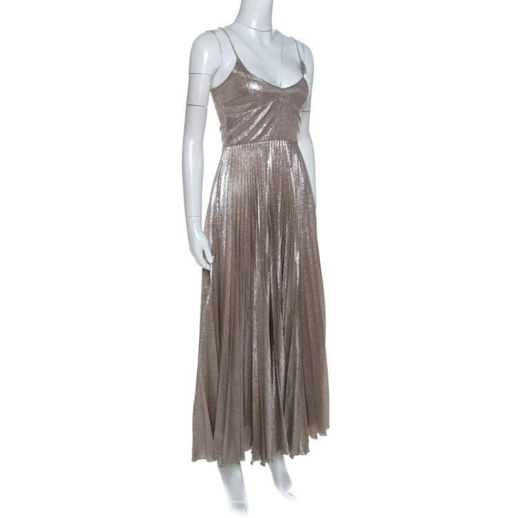 Pre Owned Rochas Silver Woven Silk Blend Sleeveless Pleated Dress M