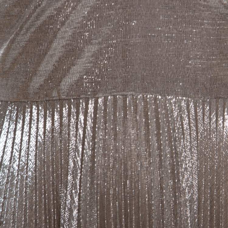 Pre Owned Rochas Silver Woven Silk Blend Sleeveless Pleated Dress M