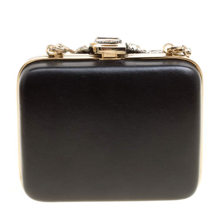 Pre Owned Rochas Black Leather Crystal Embellished Clutch