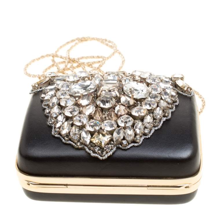 Pre Owned Rochas Black Leather Crystal Embellished Clutch