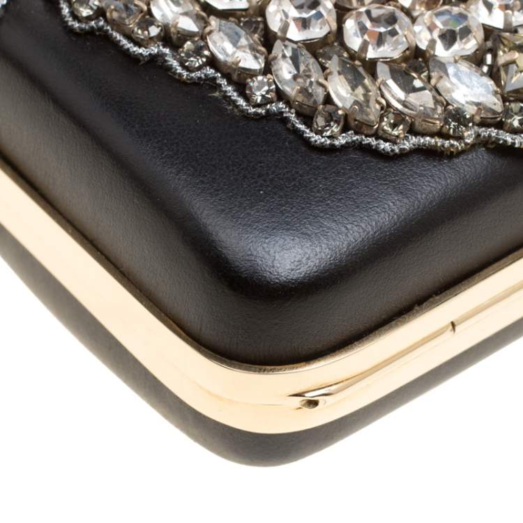 Pre Owned Rochas Black Leather Crystal Embellished Clutch