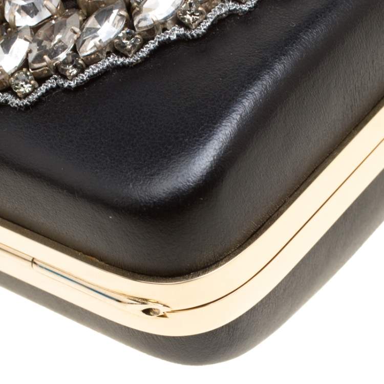 Pre Owned Rochas Black Leather Crystal Embellished Clutch