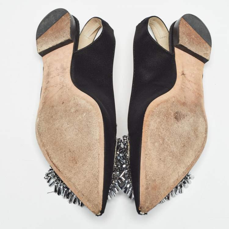 Pre Owned Rochas Black Satin Crystal Embellished Flat Slingback Sandals Size 36
