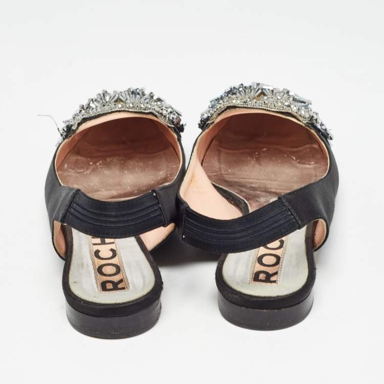 Pre Owned Rochas Black Satin Crystal Embellished Flat Slingback Sandals Size 36