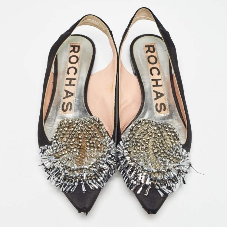 Pre Owned Rochas Black Satin Crystal Embellished Flat Slingback Sandals Size 36