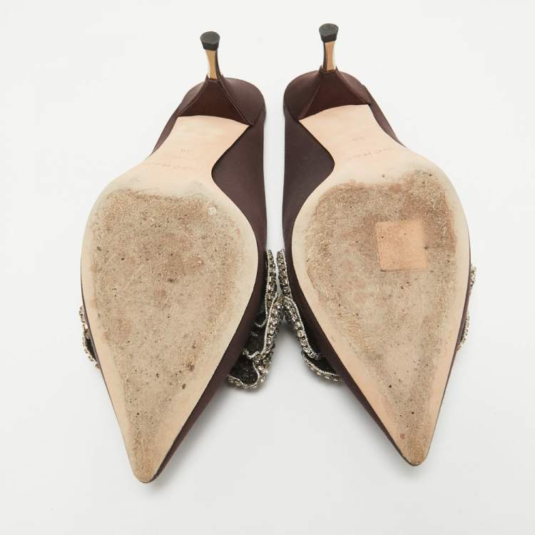 Pre Owned Rochas Burgundy Satin Crystal Embellished Mules Size 38