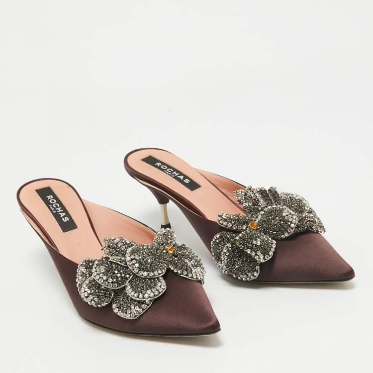 Pre Owned Rochas Burgundy Satin Crystal Embellished Mules Size 38