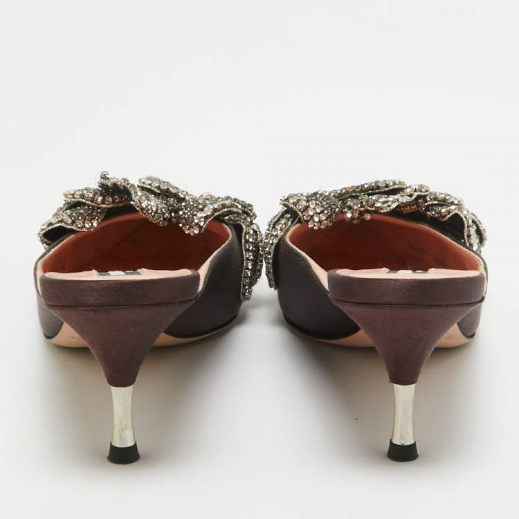 Pre Owned Rochas Burgundy Satin Crystal Embellished Mules Size 38